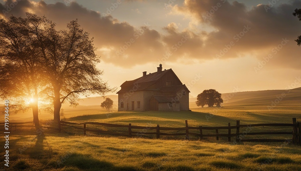 Morning scene in the peaceful countryside with warm tones Morning scene in the peaceful countryside with warm tones