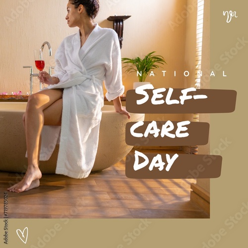Composition of national self-care day text over biracial woman with vitiligo drinking champagne