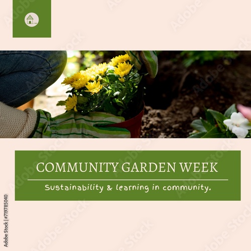 Composition of community garden week text and woman gardening