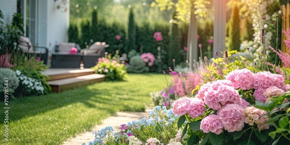 colorful flowers and green grass in the backyard garden