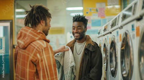 Arab or metis man with a black friend, they are doing laundry in a laundromat, cool friendly cheerful men talking, the light skin man has a serious face, he might be joking or teasing the other guy