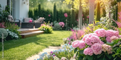 colorful flowers and green grass in the backyard garden