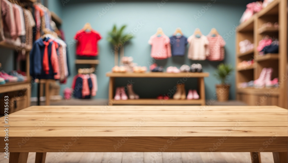 Empty wooden table for product display with blurry children's clothing store background