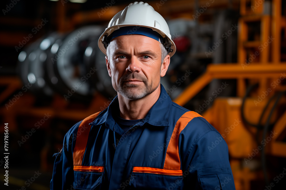Portrait of a worker or industrial engineer wearing a hard hat and worker uniform in a factory plant or refinery. Generative AI Portrait of a worker or industrial engineer wearing a hard hat and worker uniform in a factory plant or refinery. Generative AI