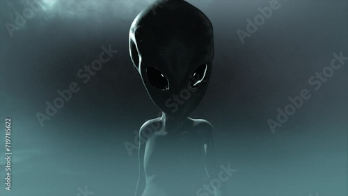 3D CGI mid to close-up shot of a classic, shiny-skinned Roswell grey alien looking eeire and menacing, in an ominous swirling cloud of mist, with grey and teal color tint photo