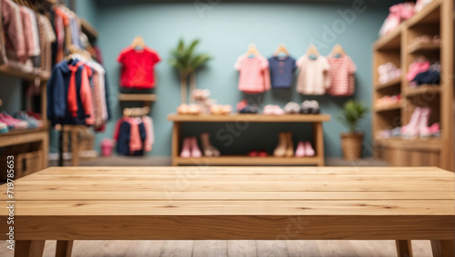 Empty wooden table for product display with blurry children's clothing store background
