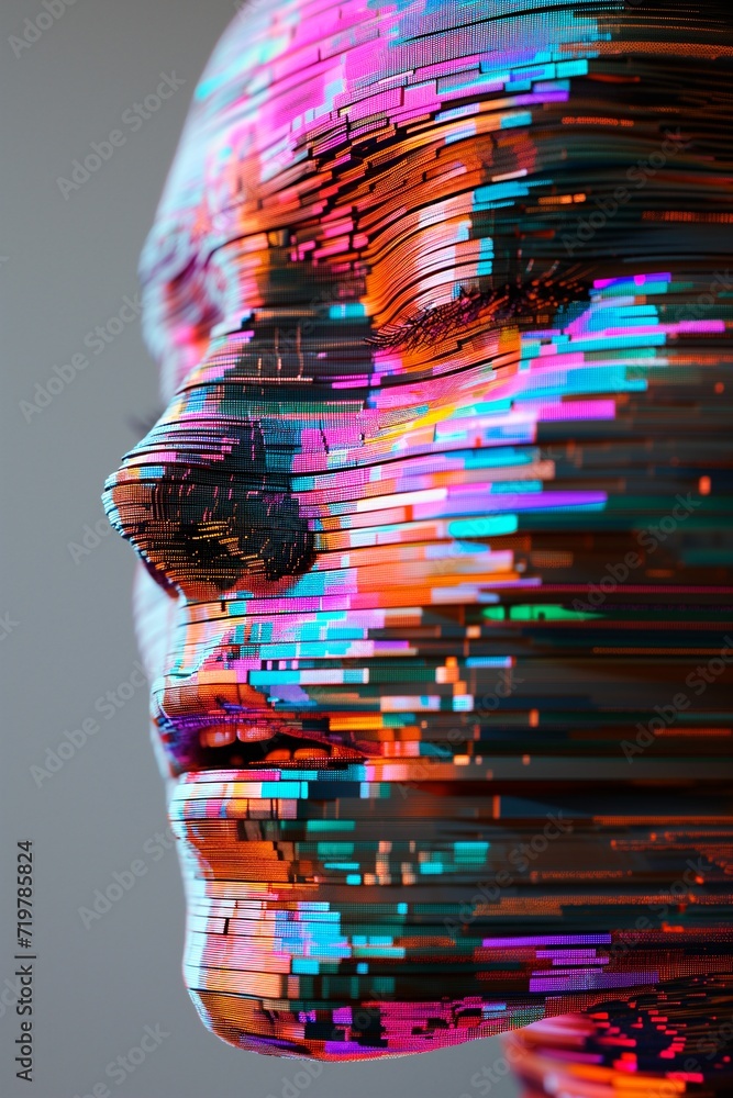 AI generated illustration of a human face seen through a vibrant array ...