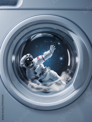 American astronaut spacewalking, floating in space, waving hello from the washing machine tub, window or porthole front door, strange visitor or guest from the past, the future or another dimension