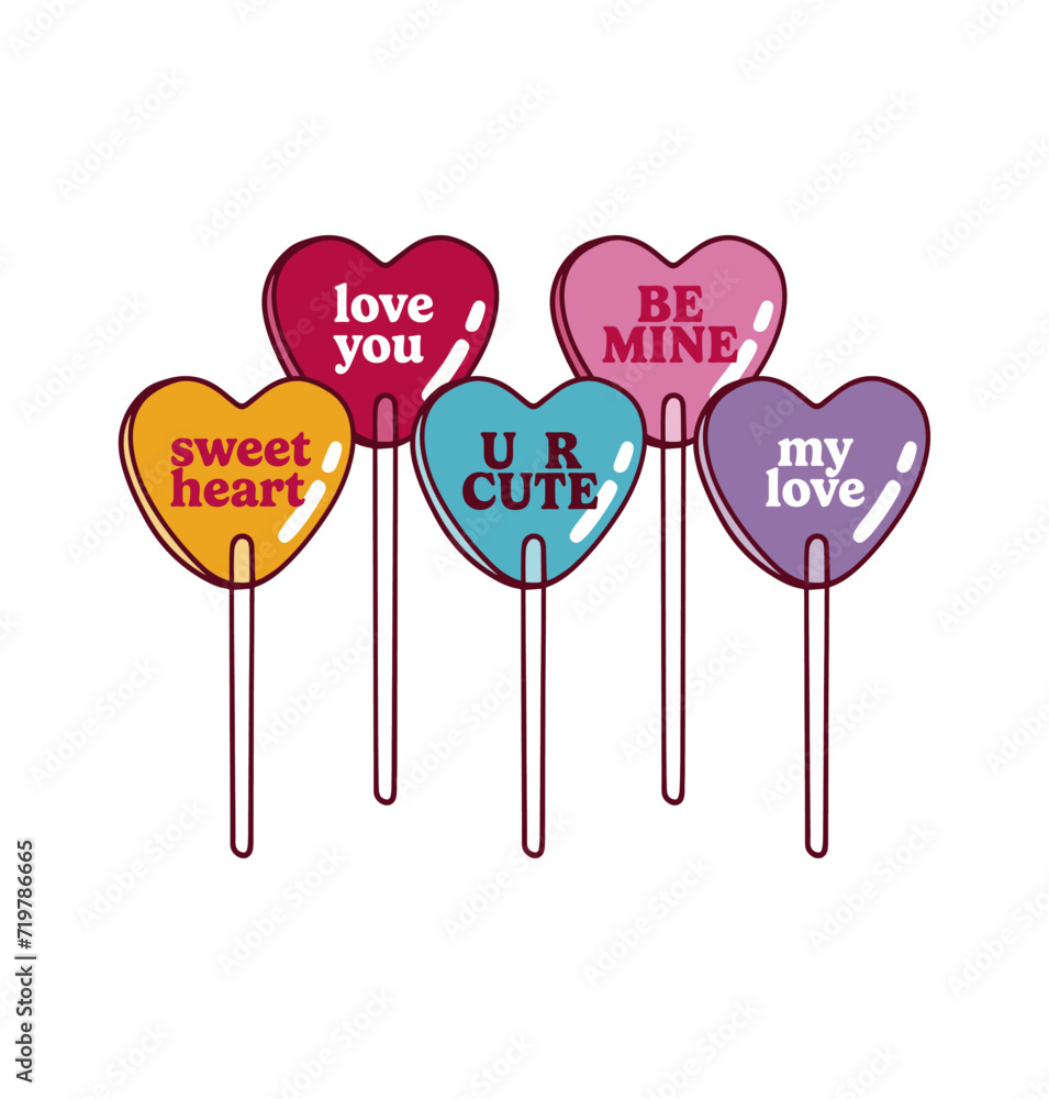HEART SHAPED SUCKERS with love quotes on it - Cute Valentines Day theme print for Graphic Tee. Vector. PNG. JPG. 