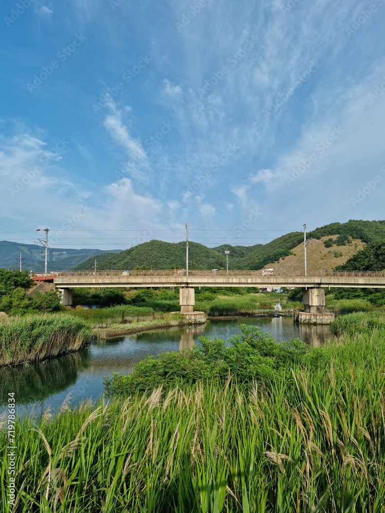 It is a riverside landscape with a railroad bridge.