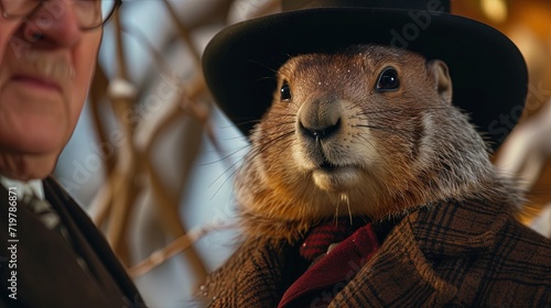 Groundhog with a top hat in Punxsutawney, Pennsylvania during winter day photo