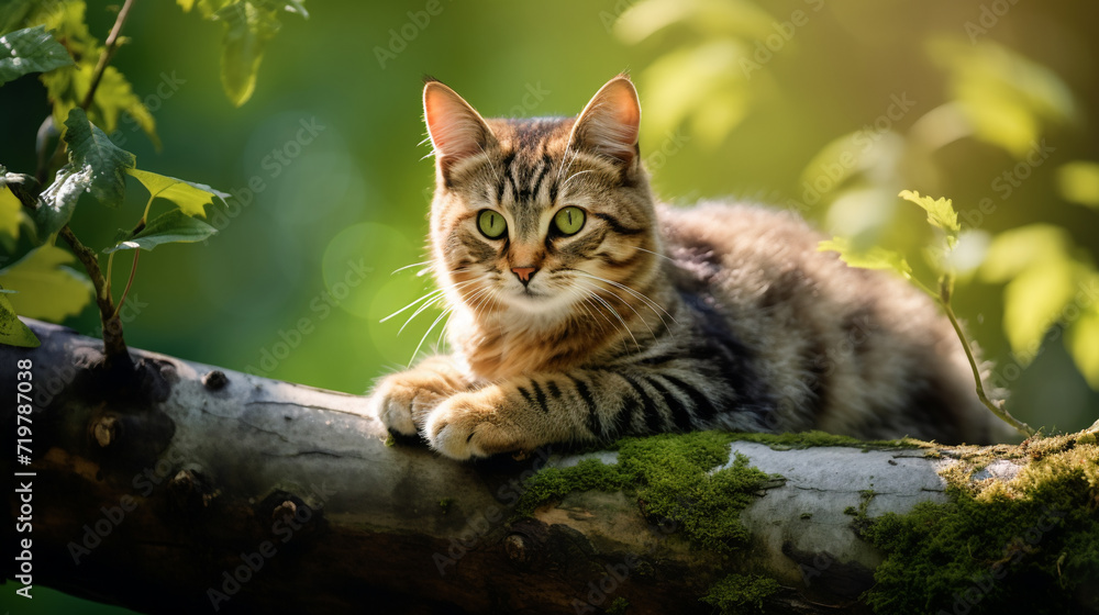 Fototapeta premium A cat perched on a tree branch with a curious expression. AI Generative.