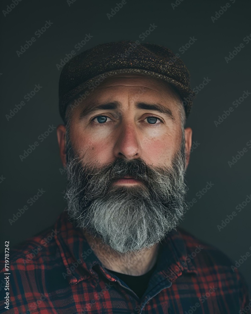 AI generated illustration of A mature gentleman with a beard dons a checkered shirt and cap AI generated illustration of A mature gentleman with a beard dons a checkered shirt and cap