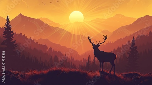 Deer silhouette sunset illustration