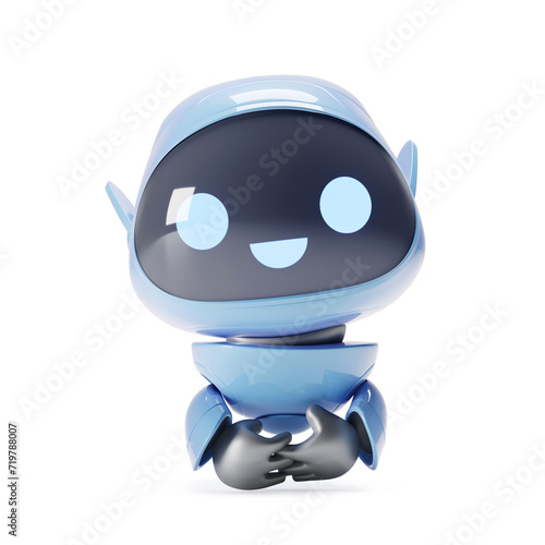 Cartoon cute blue robot smiling and looking at the camera sitting. He is very glad to see you all. 3D work on a white background..