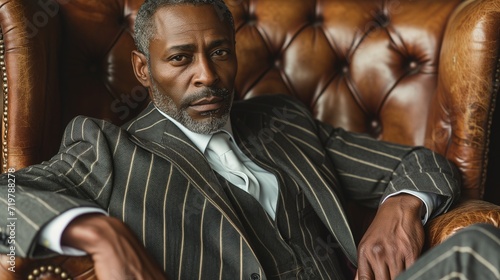 Stylish African man in formal attire seated on a brown leather armchair, AI-generated.