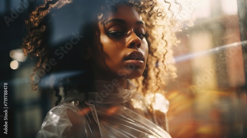 black afro Street dreamy photo sad woman model window looking at camera portrait reflection glare photo