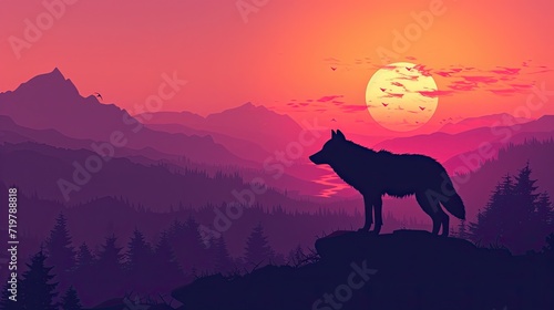 Wolf silhouette sunset illustration
