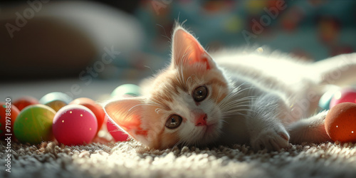 kitten on carpet lays in front of easter balls, generative AI