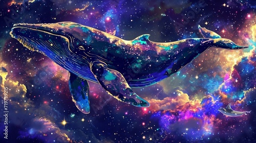A whale surrounded by space and colorful nebula. 