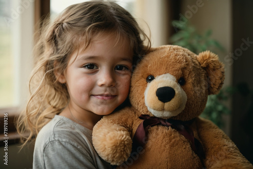 Portrait of a little girl. Smiling and holding a toy bear