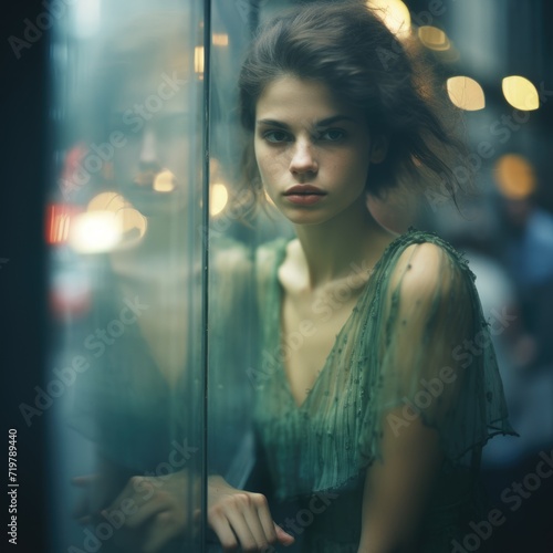 dreamy street photo cute pretty young woman glass window reflection glare gloomy sadness moment