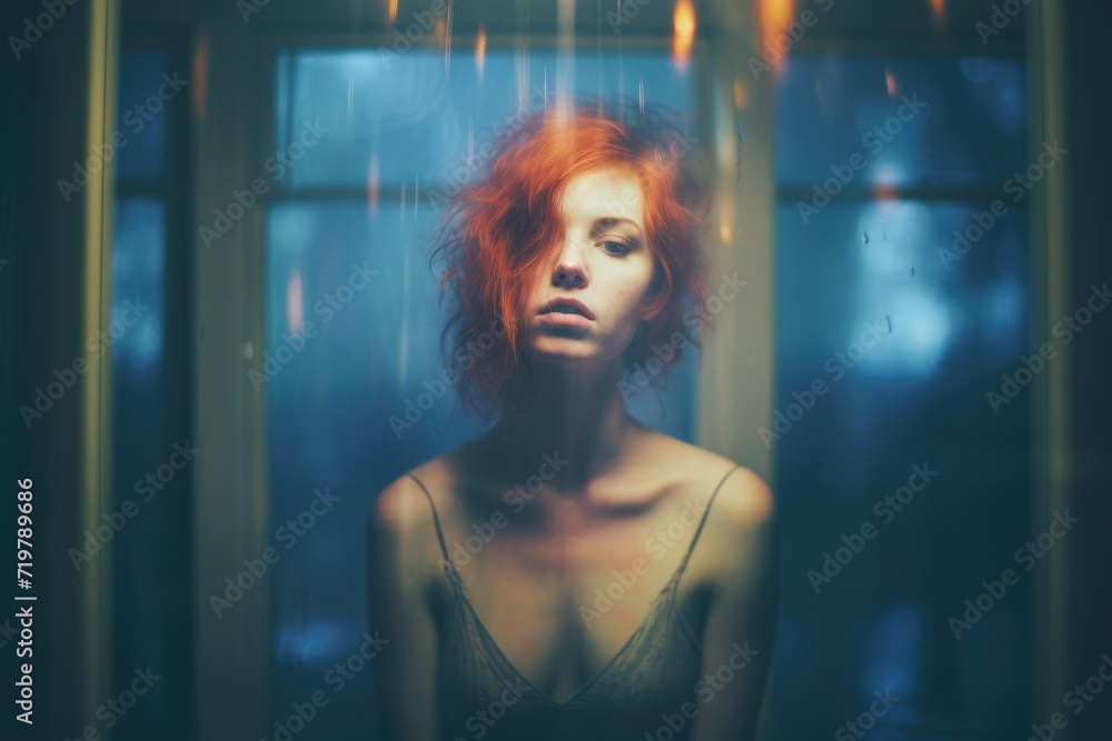 dreamy street photo cute pretty young woman glass window reflection glare gloomy sadness moment dreamy street photo cute pretty young woman glass window reflection glare gloomy sadness moment