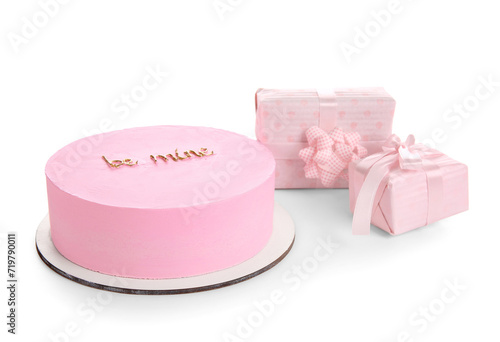 Pink bento cake with gift boxes on white background. Valentine's Day celebration