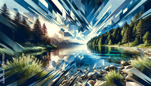 Canvas Print A Digital Deconstructivist style image of a serene lakeside view, featuring frag
