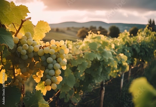 AI generated illustration of grapes on the vine in a field during a picturesque sunset
