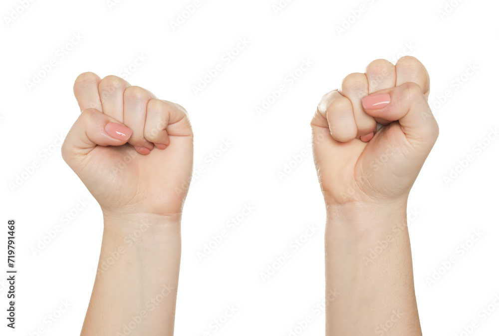 Freedom concept. Woman showing fists on white background, closeup Freedom concept. Woman showing fists on white background, closeup