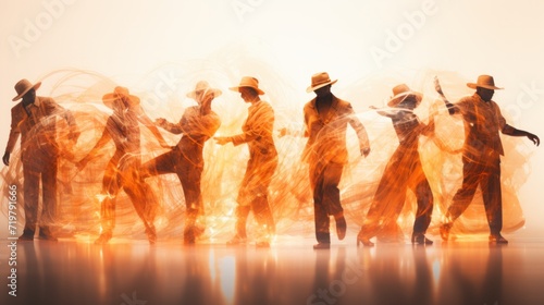 A realistic multiple exposure photo of rhumba dancers illuminated perfectly on a light background.