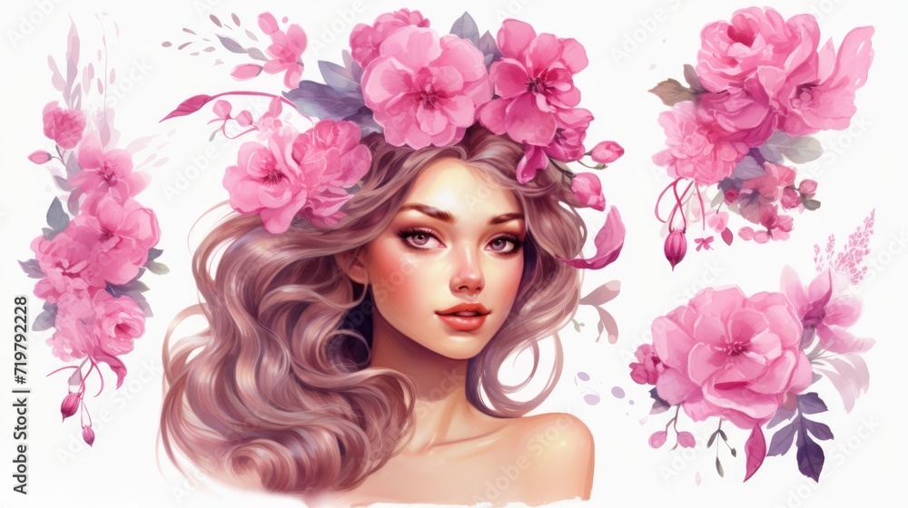 Watercolor young girl with peonies in pink tones. Neural network AI generated Watercolor young girl with peonies in pink tones. Neural network AI generated