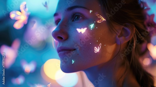 A portrait of a woman with glowing erflyshaped stickers on her , showing her playful and whimsical side.