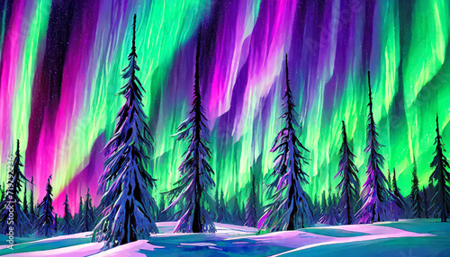 Northern Lights  Winter scene  Mountains winter scene  full moon