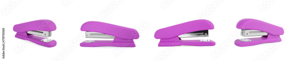 Violet stapler isolated on white, different sides Violet stapler isolated on white, different sides