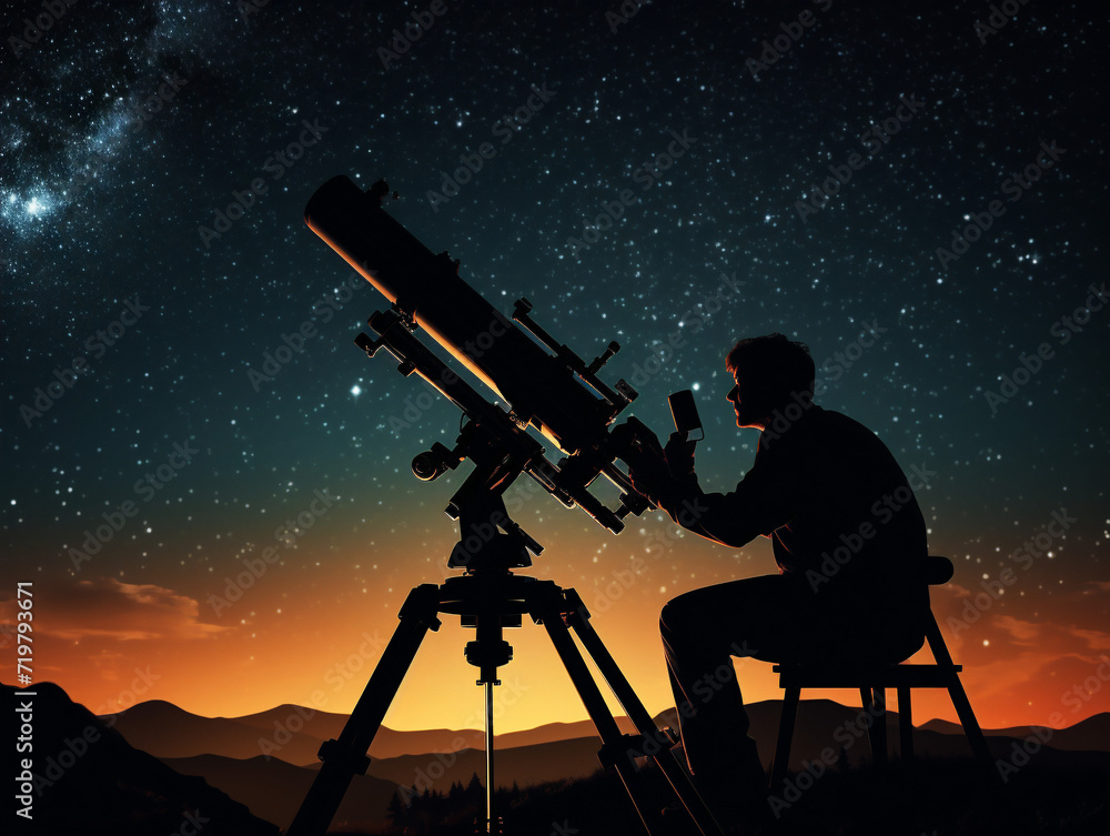 A focused astronomer observing the night sky through a telescope filled with wonder and curiosity.