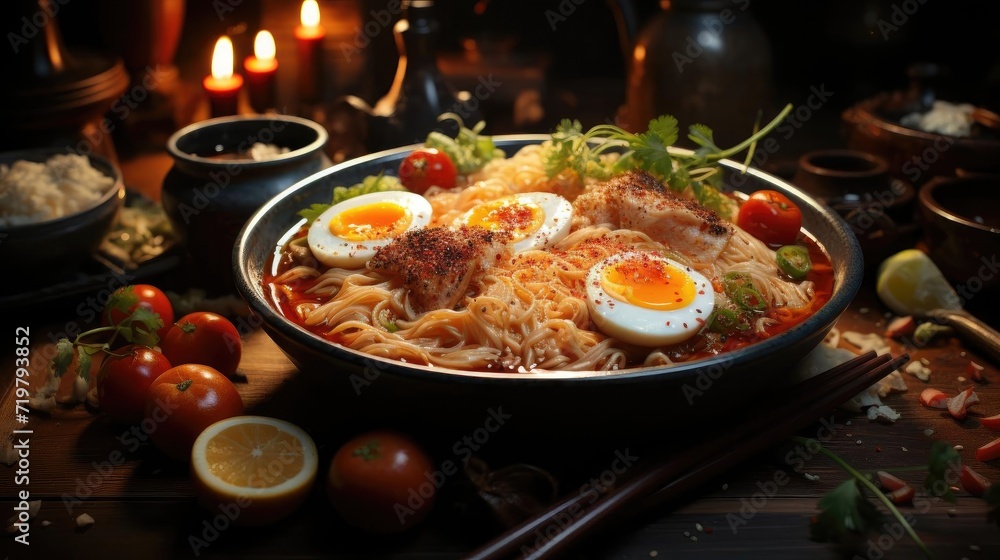 Delicious ramen noodles with egg topping on top, blur background