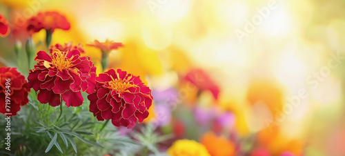 Marigolds on blurred background copy space. Floral banner