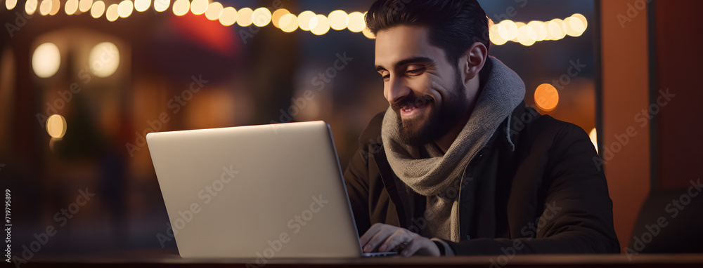 Cheerful young man focused on his work with a laptop in a cafe at night - copy space