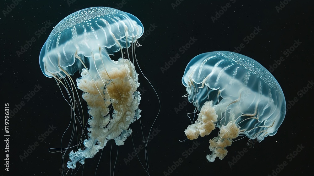 Jellyfish swimming underwater in the dark Jellyfish swimming underwater in the dark