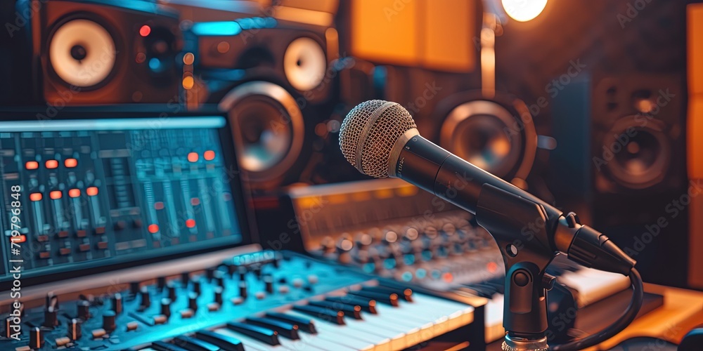 Fototapeta premium podcast recording studio with microphone, speakers, mixing board