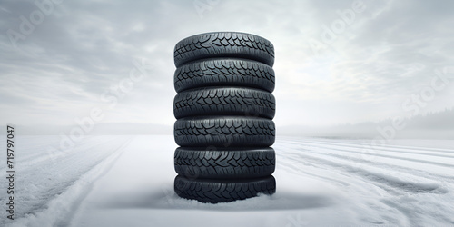 3d rendering of a 6 car tires on a white background. Car tires isolated on white background. Summer car tires. winter tire cover on Lights on blue and snow background. photo