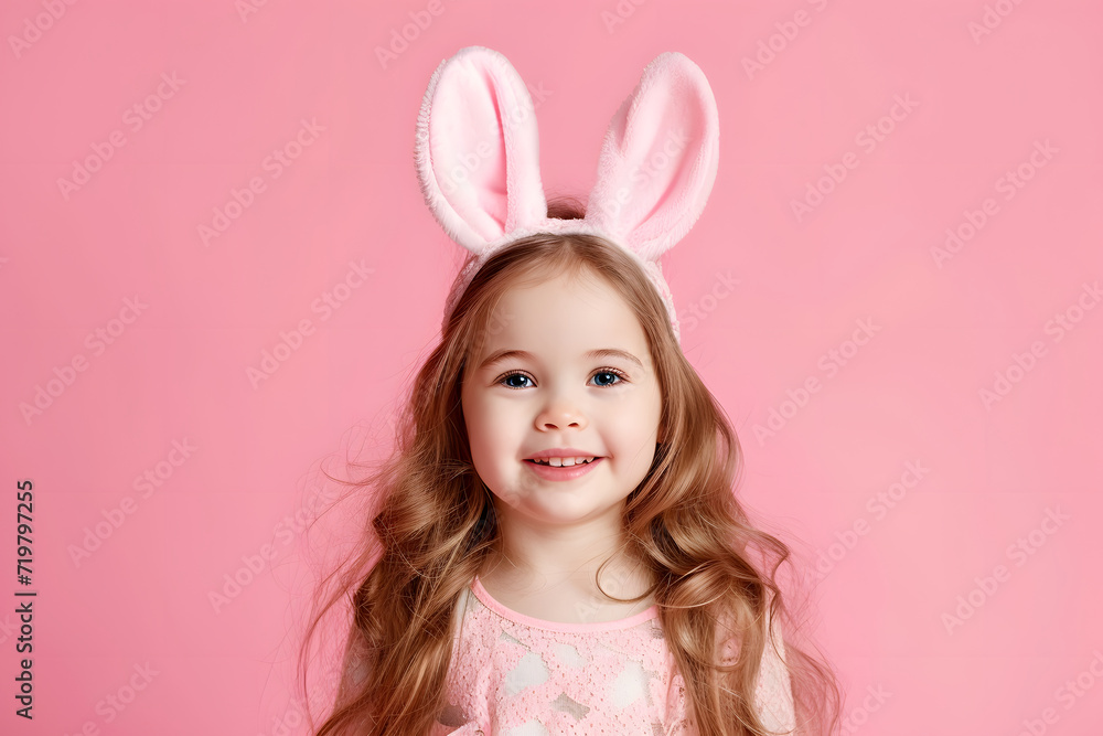 Portrait of a beautiful little girl with bunny ears on a pink background Portrait of a beautiful little girl with bunny ears on a pink background