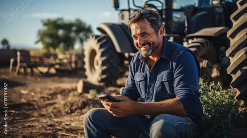 Portrait of smiling farmer using smartphone and tractor at harvesting