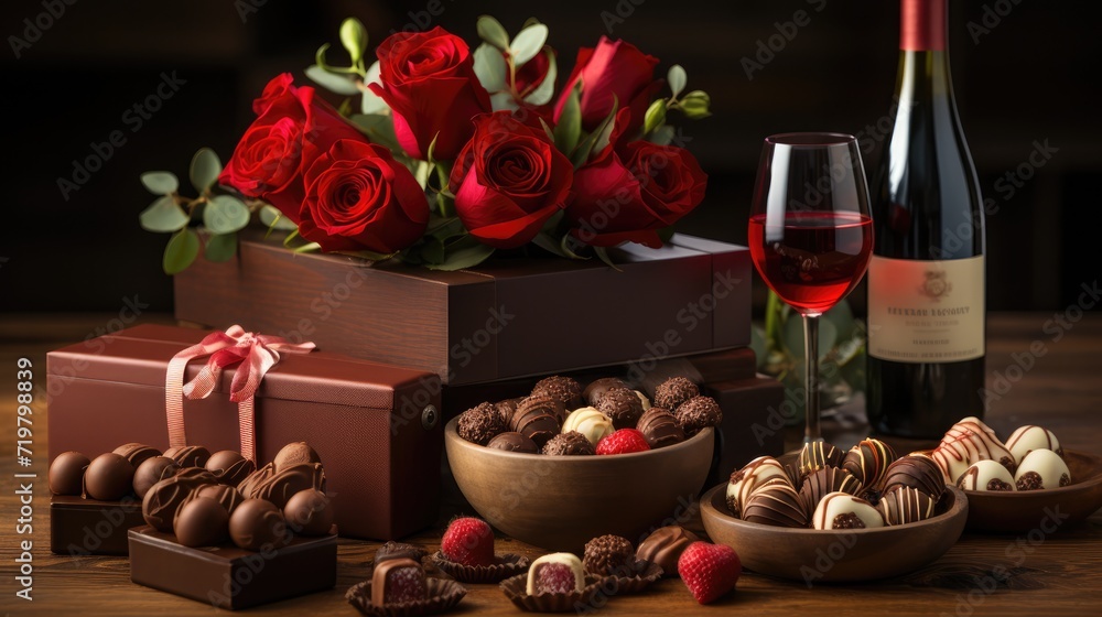 Gifts for Valentine day red wine, chocolate candy and red roses on table