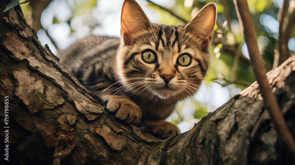 A cat perched on a tree branch with a curious expression. AI Generative. A cat perched on a tree branch with a curious expression. AI Generative.