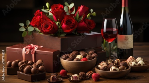 Gifts for Valentine day red wine, chocolate candy and red roses on table
