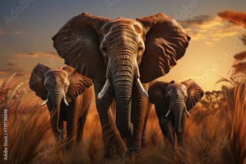 A family of elephants walking through a grassland © Mahenz