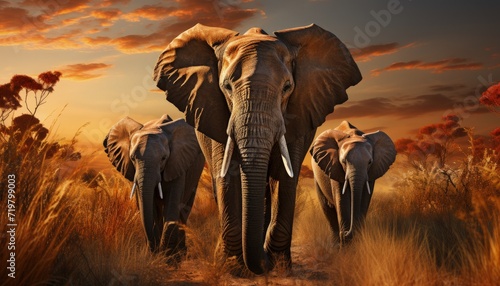 A family of elephants walking through a grassland